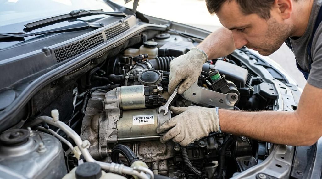 Automobiliste tapotant prudemment le corps du démarreur pour décoller les balais.