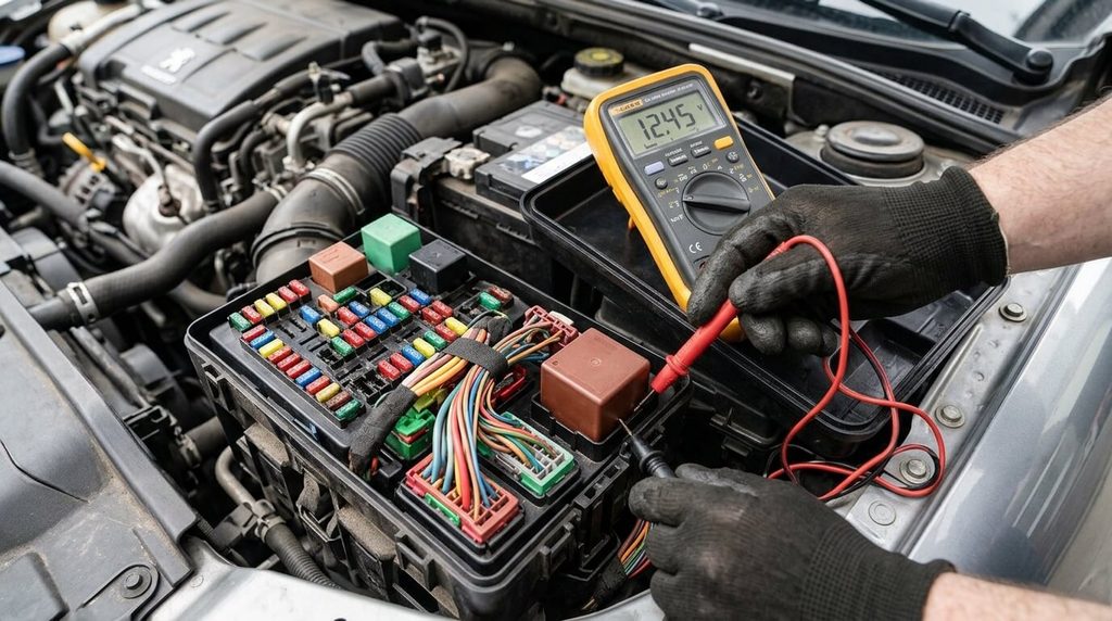 Mesure de la tension d'alimentation du relais principal de gestion moteur au multimètre.