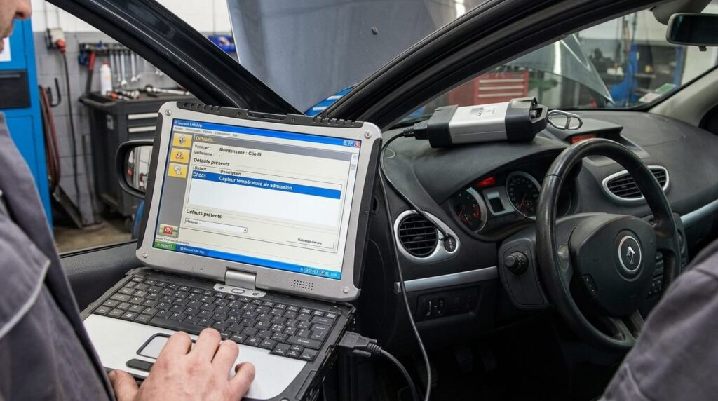 Code défaut DF003 Renault : causes, symptômes et diagnostic 2 Diagnostic avec la valise Renault CAN Clip affichant le code défaut DF003.
