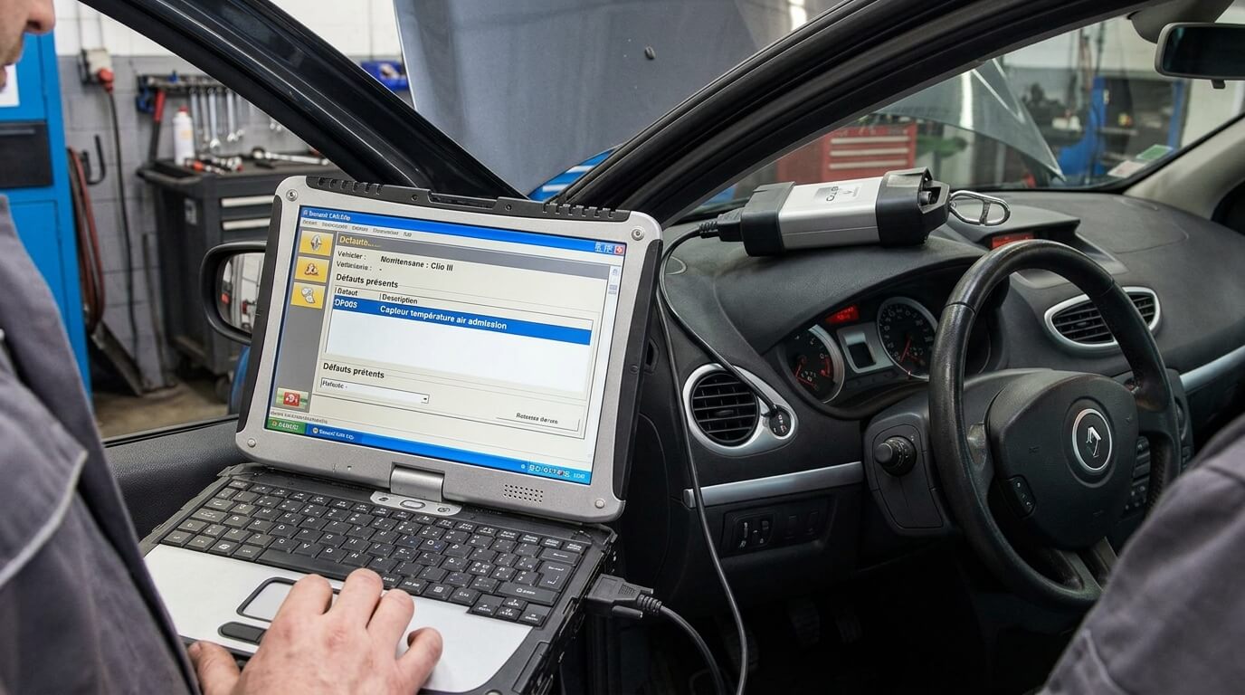 Diagnostic avec la valise Renault CAN Clip affichant le code défaut DF003.