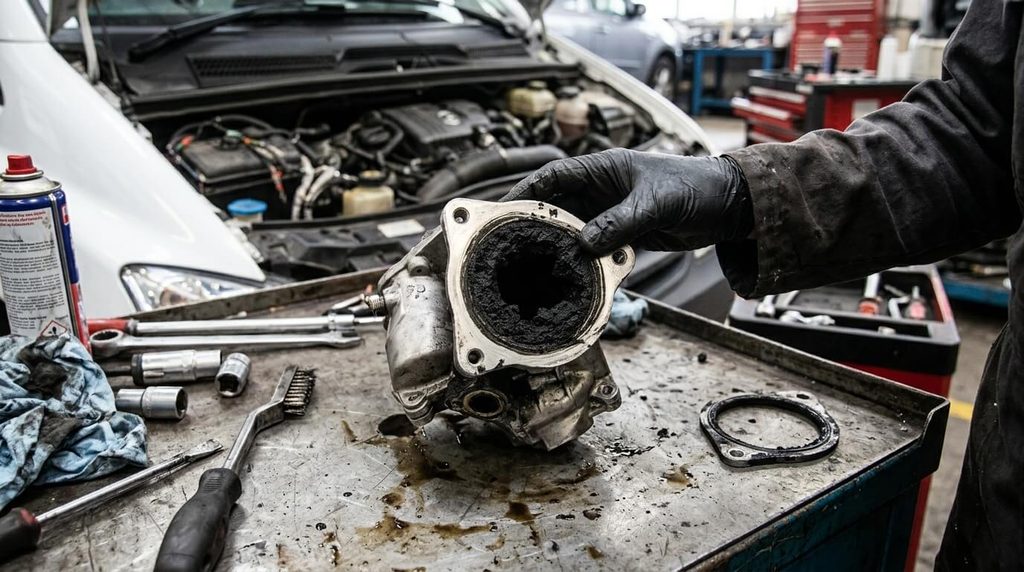 Pièce d'échappement encrassée par la calamine démontée sur un moteur Mercedes 2.1 CDI.