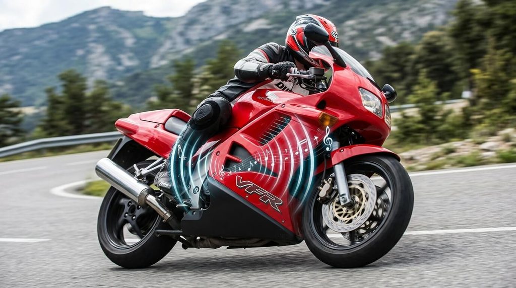 Moto Honda VFR 750 célèbre pour le sifflement caractéristique de sa cascade de pignons.