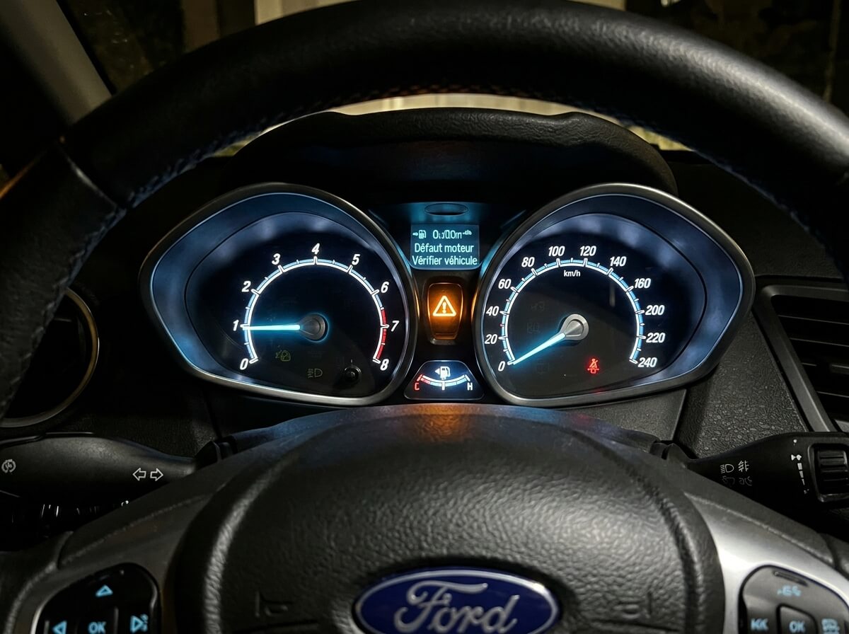 Voyant lumineux d'alerte orange avec point d'exclamation au centre d'un triangle sur le compteur d'une Ford Fiesta.